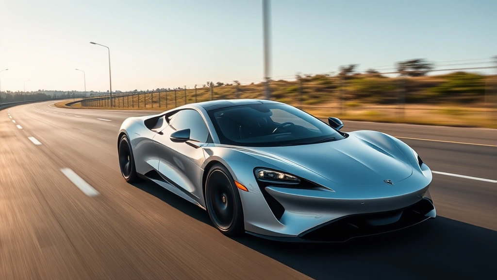 Electric sports car accelerating on empty highway, motion blur background, afternoon sunlight, dynamic performance driving scene, modern aerodynamic design, professional automotive action photography