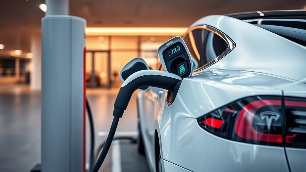 Electric vehicle charging connector connected to Tesla Model S with modern charging station architecture and sleek automotive design in background