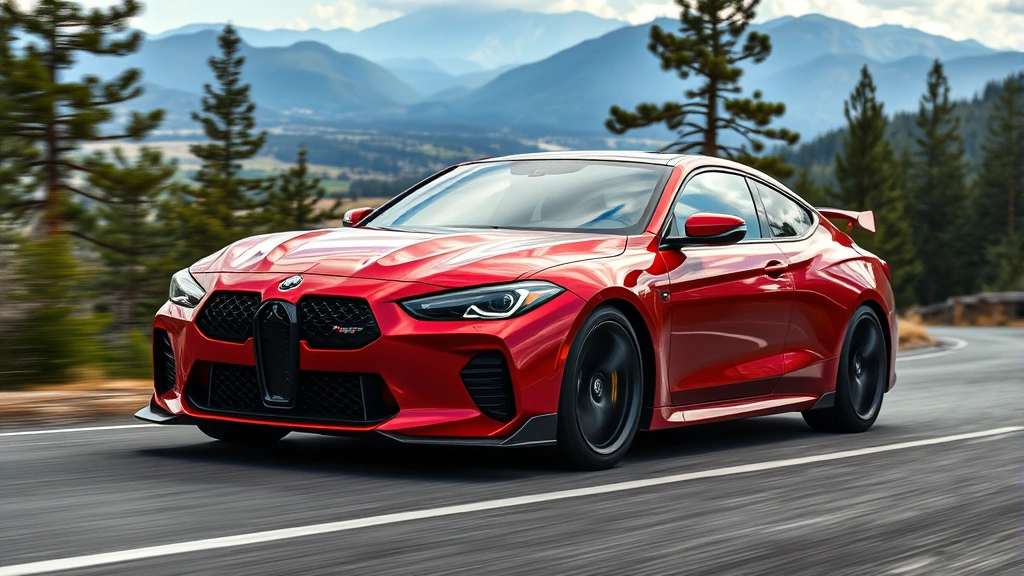 High-performance red sport sedan captured mid-turn on mountain road with pine trees and valley landscape visible, dynamic composition emphasizing aggressive stance and aerodynamic design
