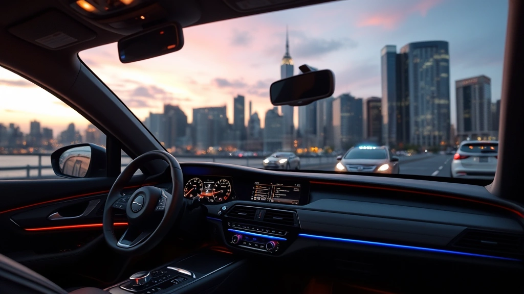 Modern luxury sedan dashboard with illuminated controls and panoramic windshield view of city skyline at dusk
