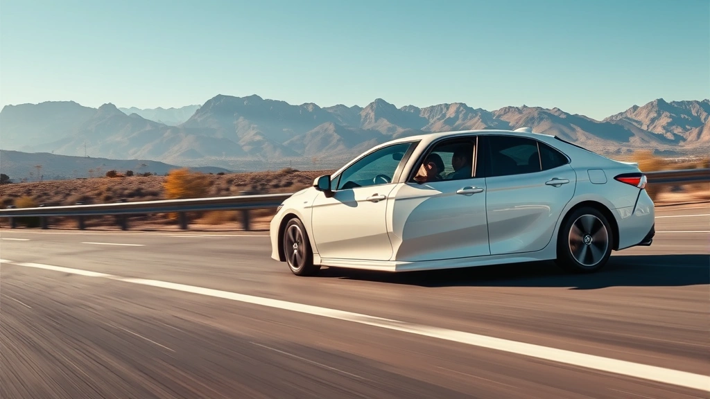 2024 Toyota Camry white sedan driving on sunny highway, dynamic motion shot showing side profile with mountains in distance, professional automotive magazine quality