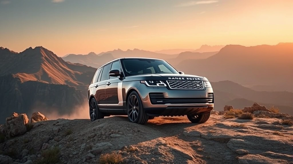 Range Rover luxury SUV on mountain terrain, elevated driving position, premium styling, dramatic landscape background
