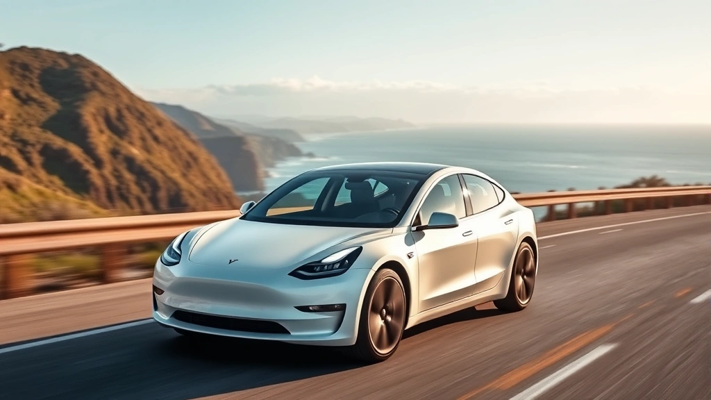 Tesla Model 3 Long Range in pearl white multi-coat color driving on coastal highway with ocean views, minimalist design, contemporary automotive imagery
