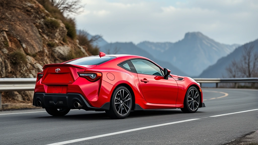 2024 Toyota GR86 sports coupe in vibrant red, captured from side profile on winding mountain road with guardrails, dynamic perspective emphasizing sleek design