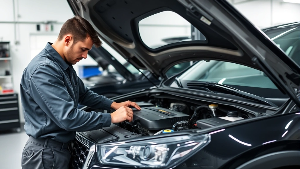 Expert mechanic performing routine maintenance on a crossover vehicle, working on engine components with professional tools, clean workshop setting emphasizing proper car care procedures