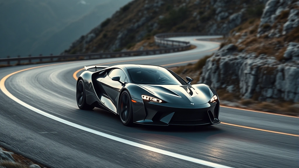 Electric sports car with sleek design accelerating on winding mountain road, dramatic lighting emphasizing body contours and dynamic positioning