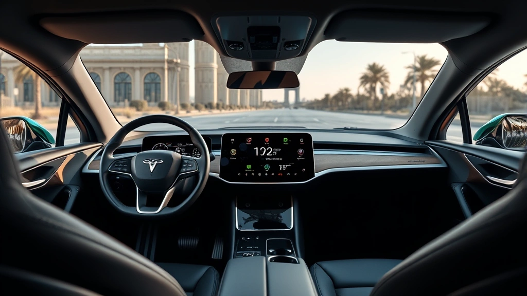 Interior dashboard view of luxury electric vehicle featuring curved glass infotainment display, minimalist steering wheel, premium leather upholstery, and advanced technology interfaces