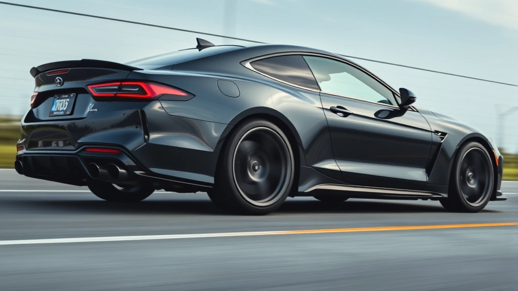 High-performance sport sedan with aggressive body lines and lowered stance, captured mid-acceleration on empty road with motion blur, muscular wheel design prominent