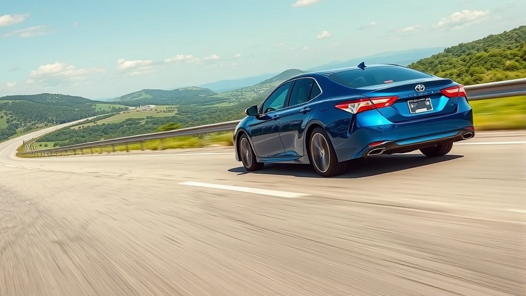 Toyota Camry hybrid sedan in blue driving on highway with green landscape scenery, showcasing fuel-efficient family sedan practicality and reliability on open road