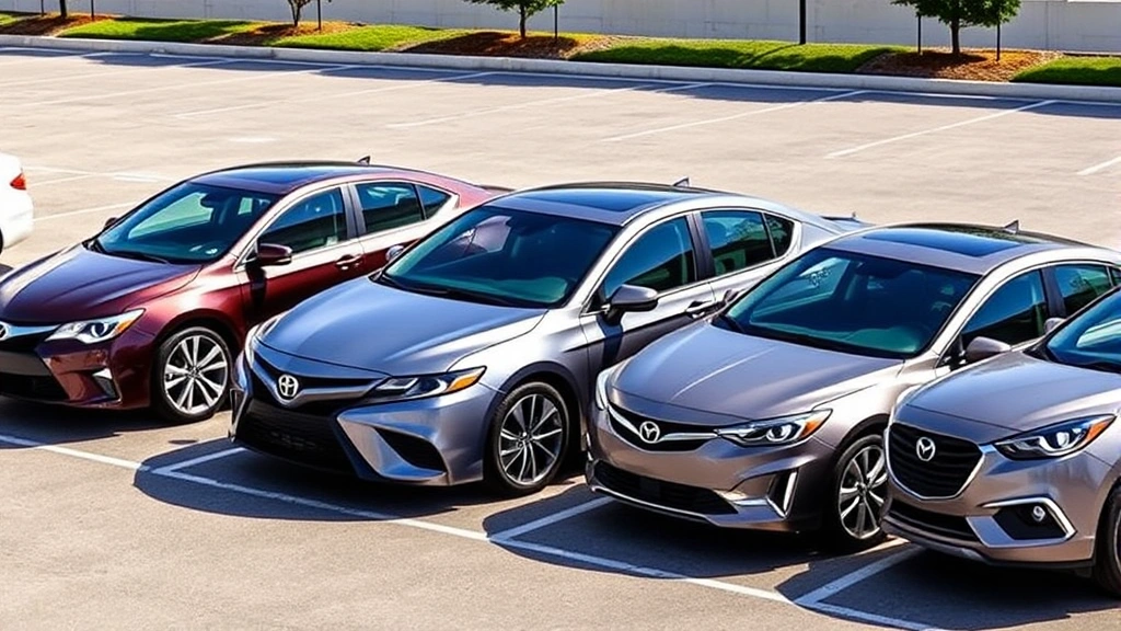 Comparison lineup of four midsize sedans parked side-by-side showing Honda Accord, Toyota Camry, Mazda6, and Hyundai Sonata, natural daylight, clean parking lot background