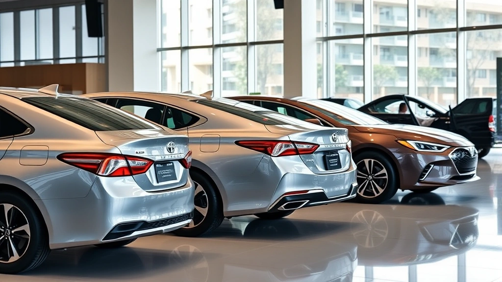 Multiple 2024 sedans lined up in modern showroom displaying Toyota Camry, Honda Accord, and Hyundai Sonata from side profile, showcasing contemporary sedan design evolution and styling details