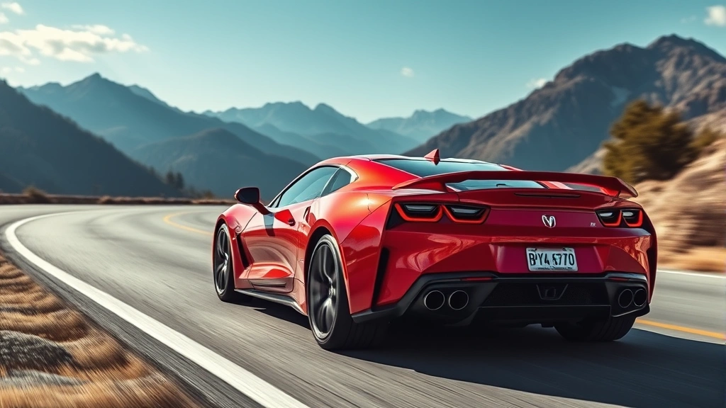 High-performance sports car dynamic driving shot on mountain road, vibrant red exterior, aggressive aerodynamic lines, professional automotive photography with natural lighting