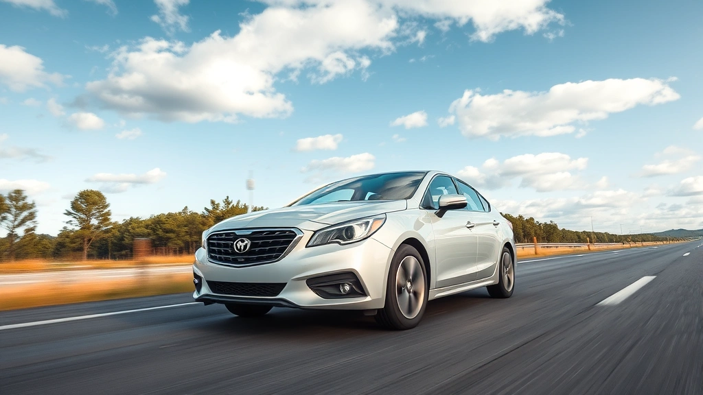 Midsize sedan driving on open highway with trees and sky background, dynamic motion perspective, professional sedan in motion, daytime outdoor automotive photography, family sedan on road