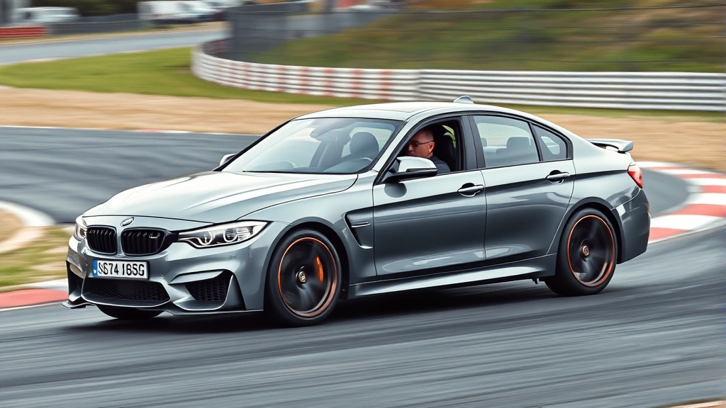 High-performance sedan cornering at track, dynamic motion blur, professional driver at wheel, aggressive suspension stance, racing circuit background, professional motorsport photography