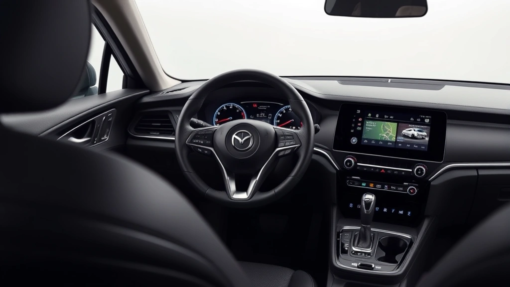 Modern midsize sedan interior dashboard featuring premium materials, steering wheel, digital instrument cluster and infotainment touchscreen, soft studio lighting highlighting quality craftsmanship and technology integration