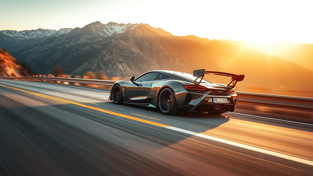 High-performance sports car captured mid-drive on mountain road, dynamic motion blur background, sleek aerodynamic design highlighted, golden hour lighting, enthusiast-focused composition