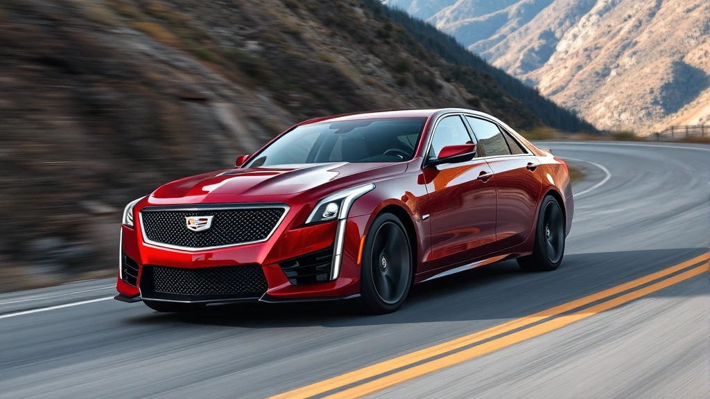Red Cadillac CT5-V Blackwing captured mid-corner on winding mountain road, dynamic driving angle, blurred background emphasizing motion and performance capability