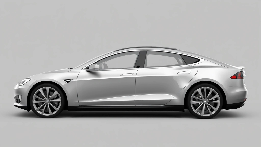 Tesla Model S electric sedan mid-profile view showing aerodynamic silhouette, minimalist design language, smooth curved surfaces, contemporary wheel design, charging port visible