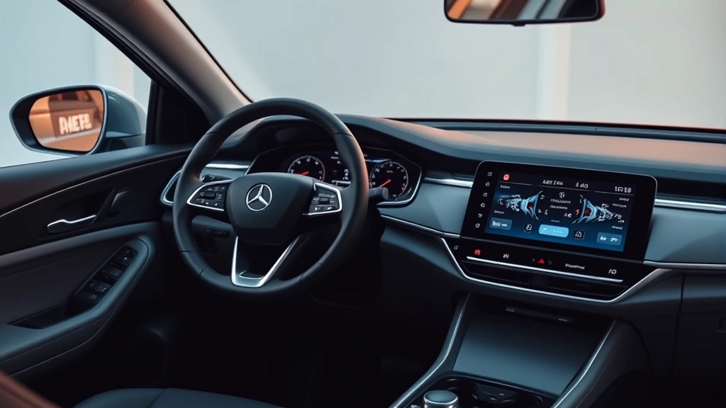 Modern sedan dashboard interior with touchscreen display and leather steering wheel, soft ambient lighting, contemporary technology integration, minimalist design aesthetic