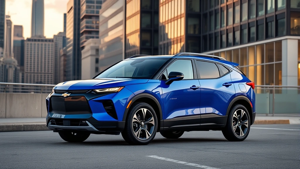 Chevrolet Blazer EV midsize electric SUV in vibrant blue parked in urban downtown setting with contemporary architecture and city skyline