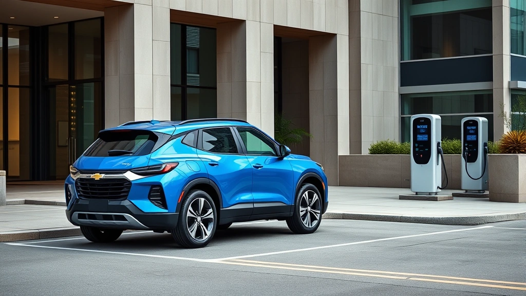 Vibrant blue Chevrolet Blazer EV compact crossover parked in modern urban setting with contemporary architecture and charging station visible