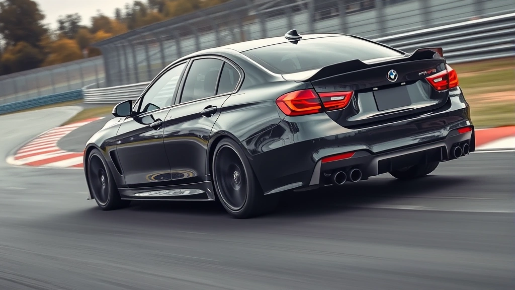 Performance sedan high-speed dynamic action shot, aggressive stance, aerodynamic profile, racing circuit environment, professional motorsport photography, sharp focus on vehicle lines