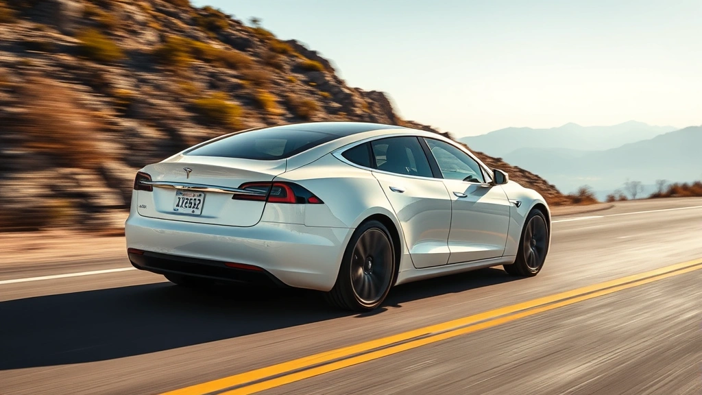 Tesla Model S Plaid electric sedan in pearl white, dynamic driving shot on mountain road, sleek lines and aerodynamic design highlighted, natural daylight, automotive magazine style photography