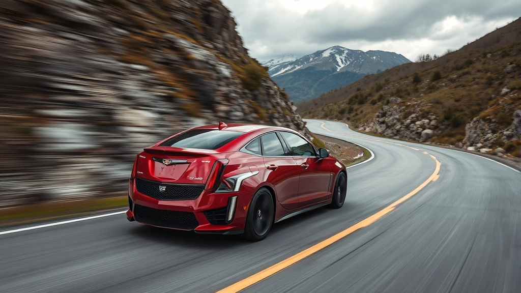 Red Cadillac CT5-V Blackwing muscle sedan in dynamic motion blur on winding mountain road, aggressive stance visible, dramatic landscape scenery, motion captured at medium speed showing performance character