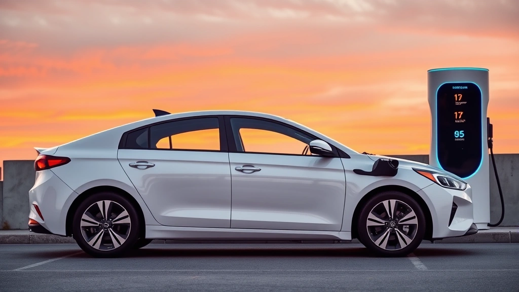 Hyundai Ioniq 6 in pearl white with retro-futuristic styling profile view near contemporary charging station, sunset sky, showcasing elegant curves and efficient design