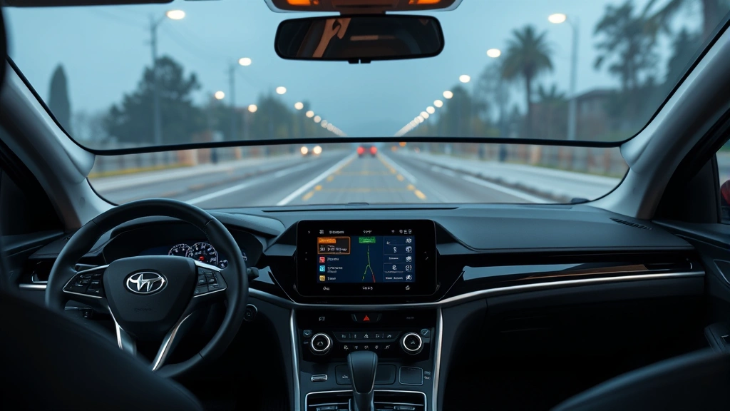 Hybrid sedan dashboard interior showing advanced infotainment screen with driver assistance displays, realistic cabin lighting, no visible text on screen