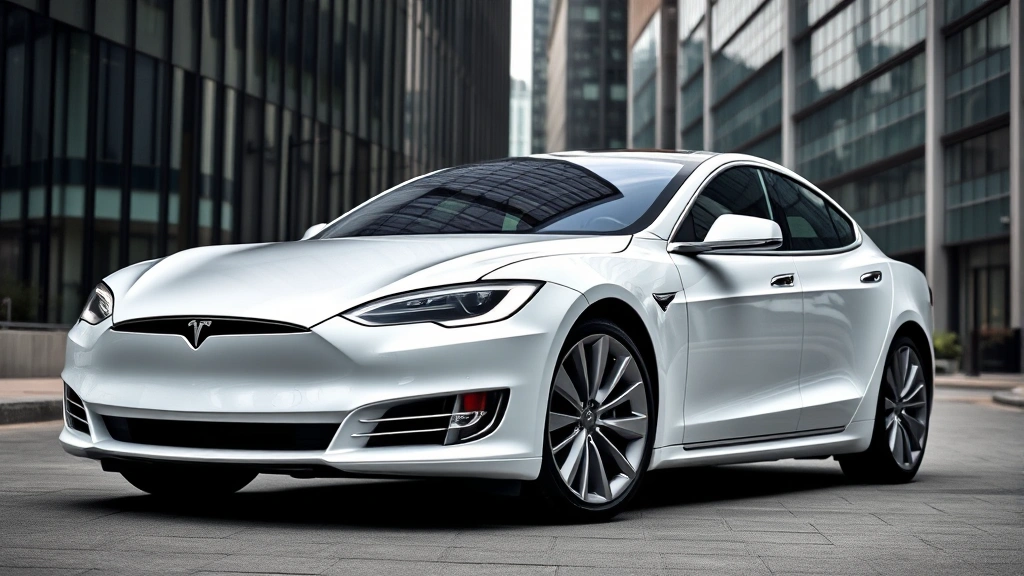 Tesla Model S Plaid luxury electric sedan in pearl white multi-coat, front three-quarter angle in modern urban setting with glass buildings, showcasing aerodynamic profile