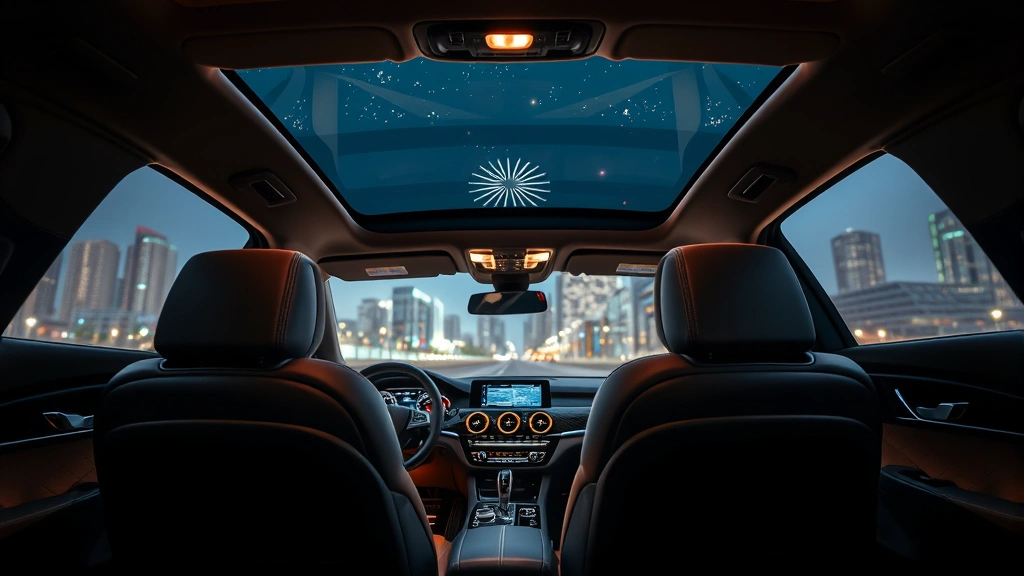 Luxury sedan interior showing premium leather seating, illuminated dashboard with digital displays, ambient lighting, panoramic sunroof with city lights visible above