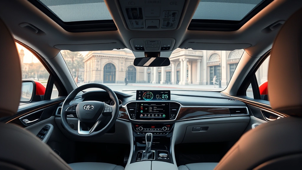 Interior dashboard of luxury hybrid SUV showing advanced infotainment system, steering wheel, and climate controls, modern ergonomic design, soft ambient lighting, premium materials visible, cockpit perspective