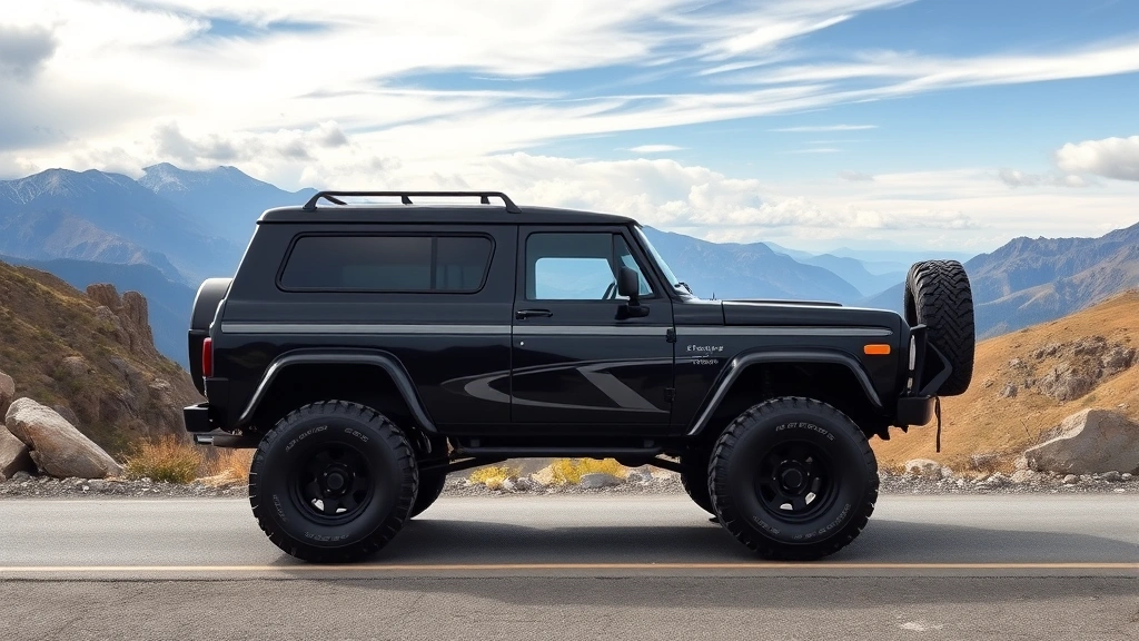 Full-size traditional body-on-frame SUV in black, shown from side profile on mountain road with scenic landscape, demonstrating elevated stance and rugged capability