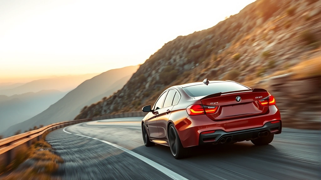 Performance sport sedan acceleration on mountain road with blurred scenery, dynamic driving angle, aggressive styling visible, sunset lighting