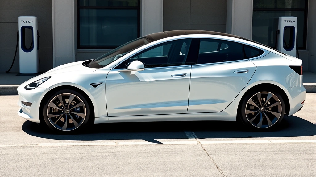 2024 Tesla Model 3 Long Range in pearl white multi-coat, side profile view, modern charging station visible, futuristic automotive styling