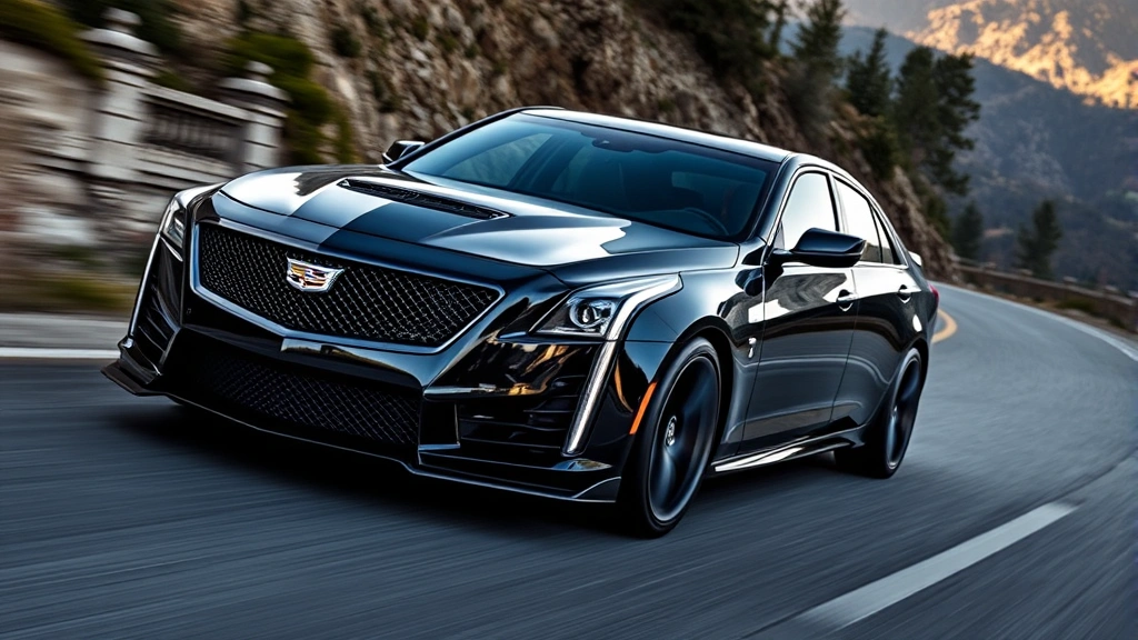 Cadillac CT5-V Blackwing performance sedan captured in dynamic motion on winding mountain road, showcasing aggressive stance and sophisticated design proportions
