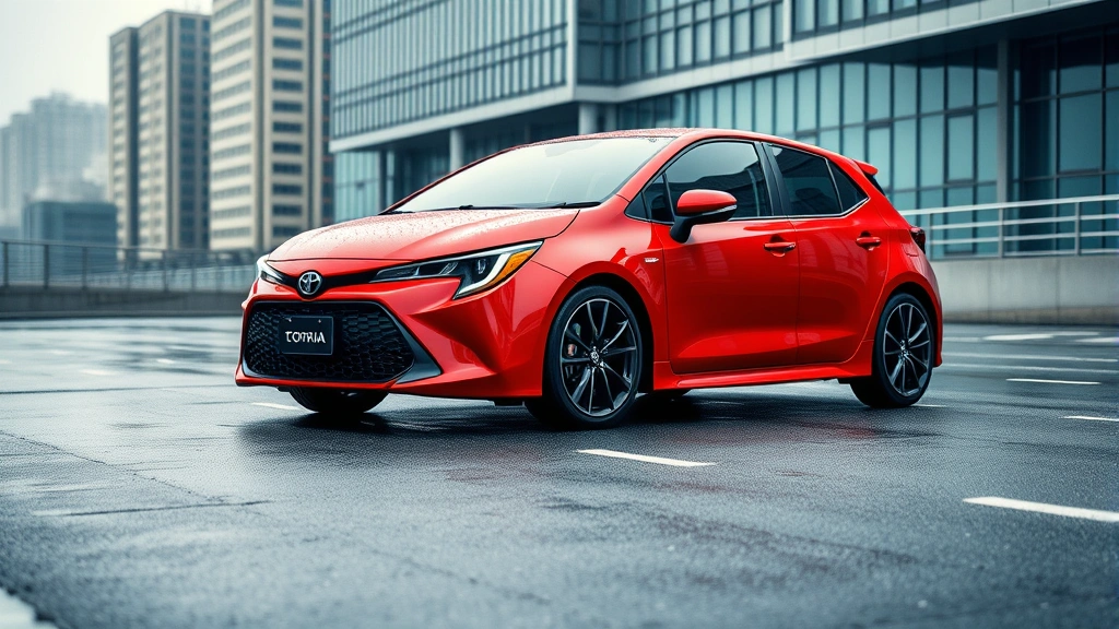 Vibrant red Toyota GR Corolla sport sedan parked on wet asphalt with urban architecture background, showcasing turbocharged compact form factor and aggressive styling
