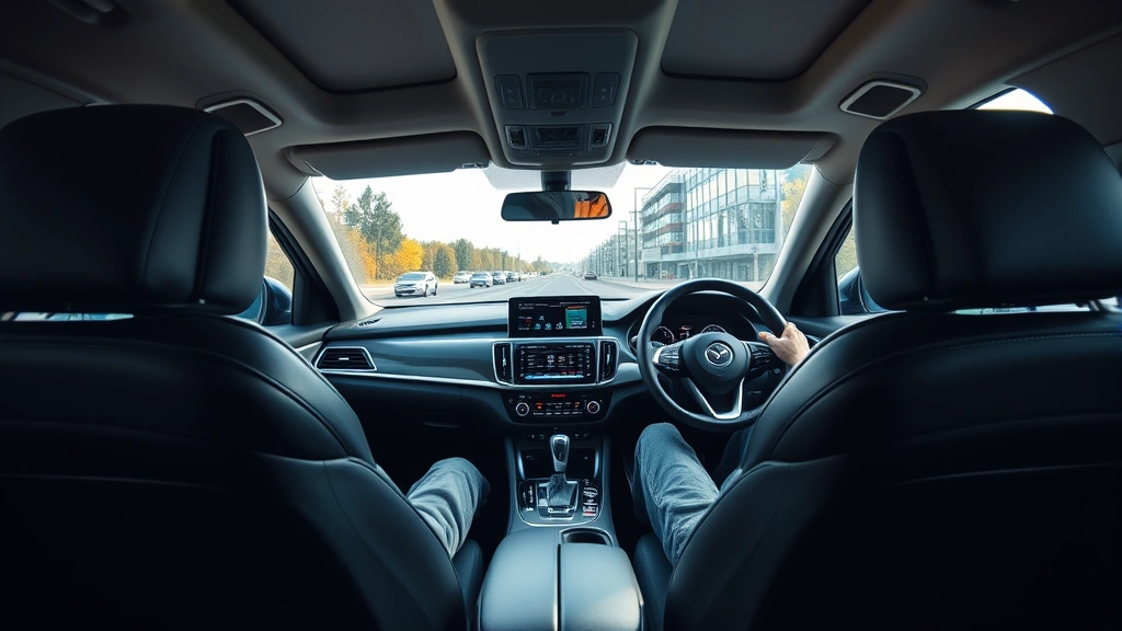 Spacious sedan interior cabin showing leather seats, modern infotainment touchscreen display, and ambient lighting with driver's hands on steering wheel during daytime driving