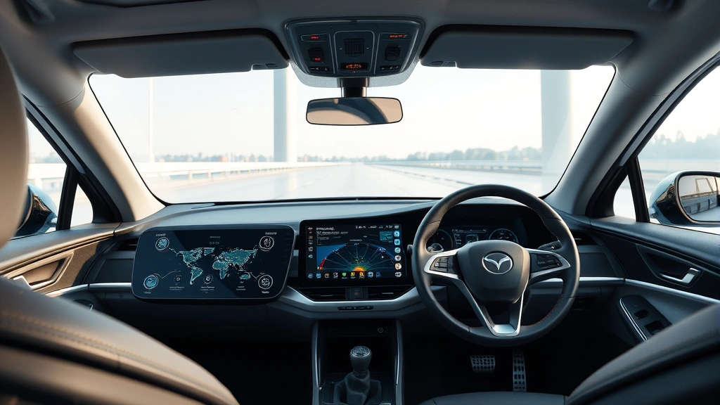 Advanced autonomous vehicle interior with touchscreen displays showing AI interface, steering wheel and dashboard technology, modern cabin design, photorealistic