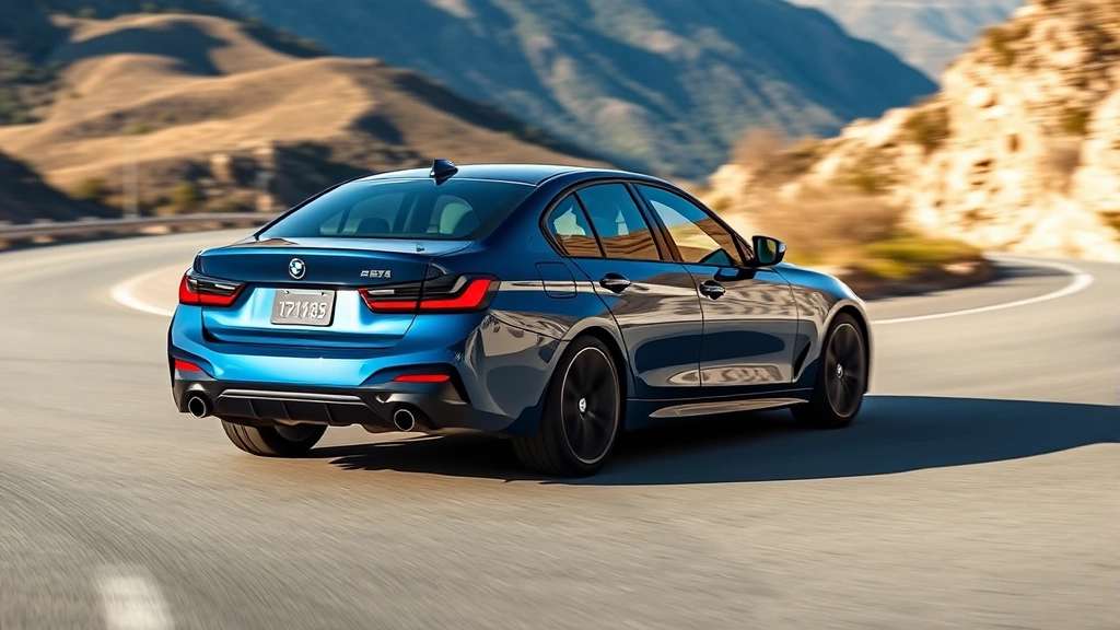 2024 BMW 3 Series luxury sport sedan in metallic blue, three-quarter view on winding mountain road with blurred landscape, dynamic motion