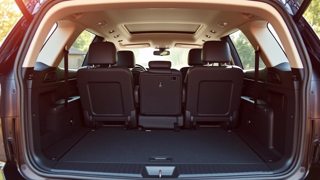 Spacious three-row crossover SUV interior showing all seating rows folded, cargo area visible, natural daylight through windows, family-friendly practical storage solutions, premium interior materials visible