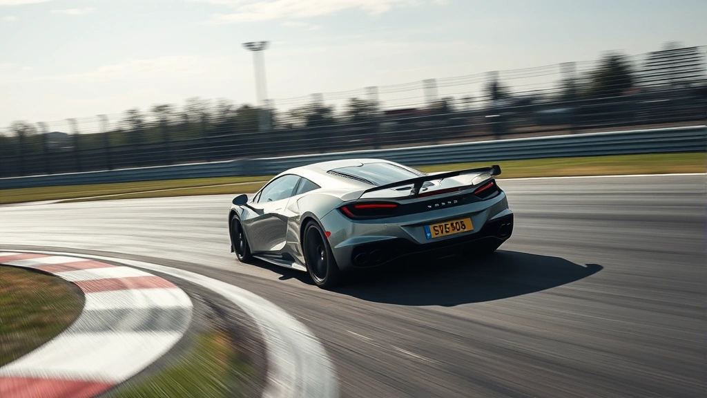 High-performance sports car mid-cornering on racetrack, dynamic motion blur, professional racing circuit, clear weather conditions