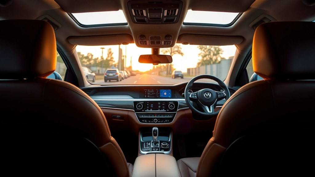 Interior cabin view of premium sedan showing leather seats, modern dashboard with curved touchscreen display, ambient lighting, and steering wheel detail, warm neutral tones and quality materials visible