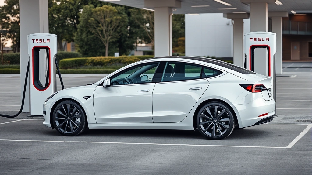 Tesla Model 3 Performance white sedan charging at Supercharger station, modern electric vehicle infrastructure, sleek minimalist design, contemporary automotive scene