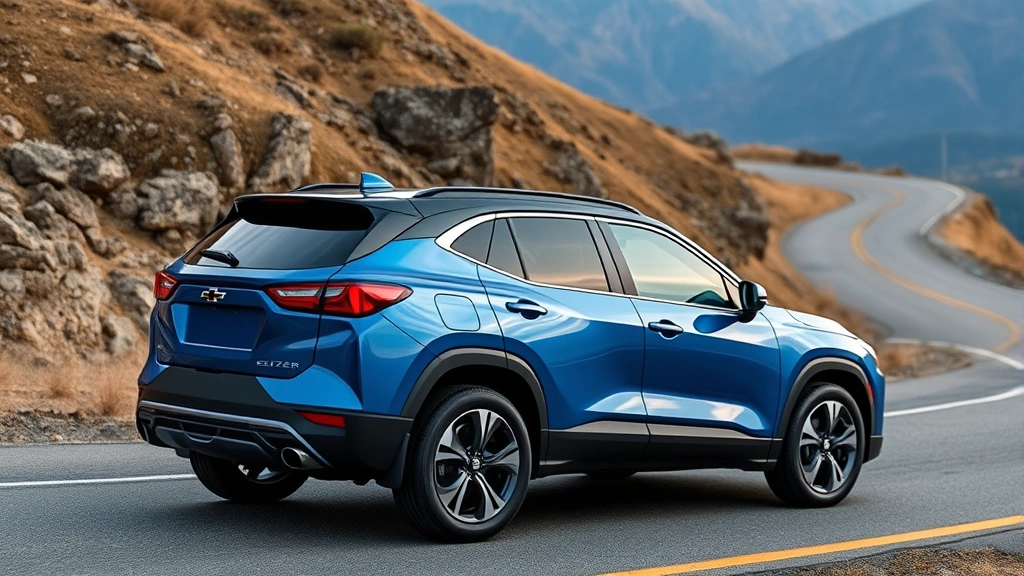 Chevrolet Blazer EV electric SUV in metallic blue shown from side profile on winding mountain road, muscular stance, contemporary design, natural landscape background