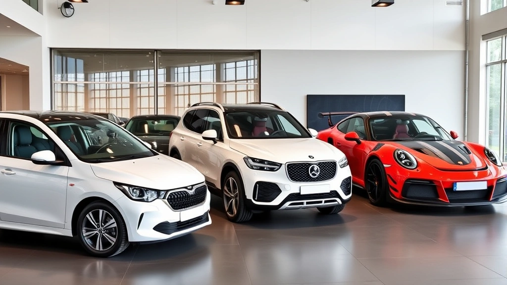 Three diverse vehicles parked in modern showroom: compact economy car, luxury sedan, and performance sports car, clean bright interior lighting, premium presentation