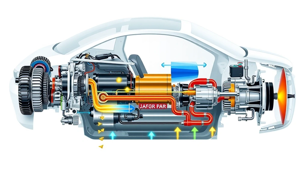 Cutaway technical illustration of hybrid powertrain system showing gasoline engine, electric motor, battery pack, and transmission components with energy flow visualization, detailed mechanical engineering diagram style