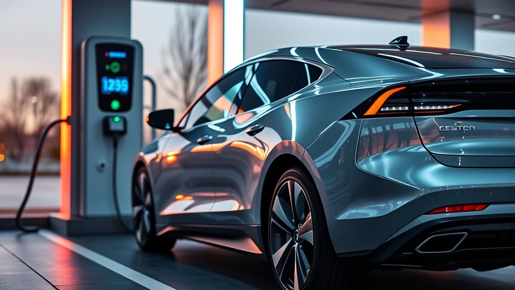Modern electric vehicle charging at high-speed station with sleek design lines visible, photorealistic automotive photography in contemporary setting