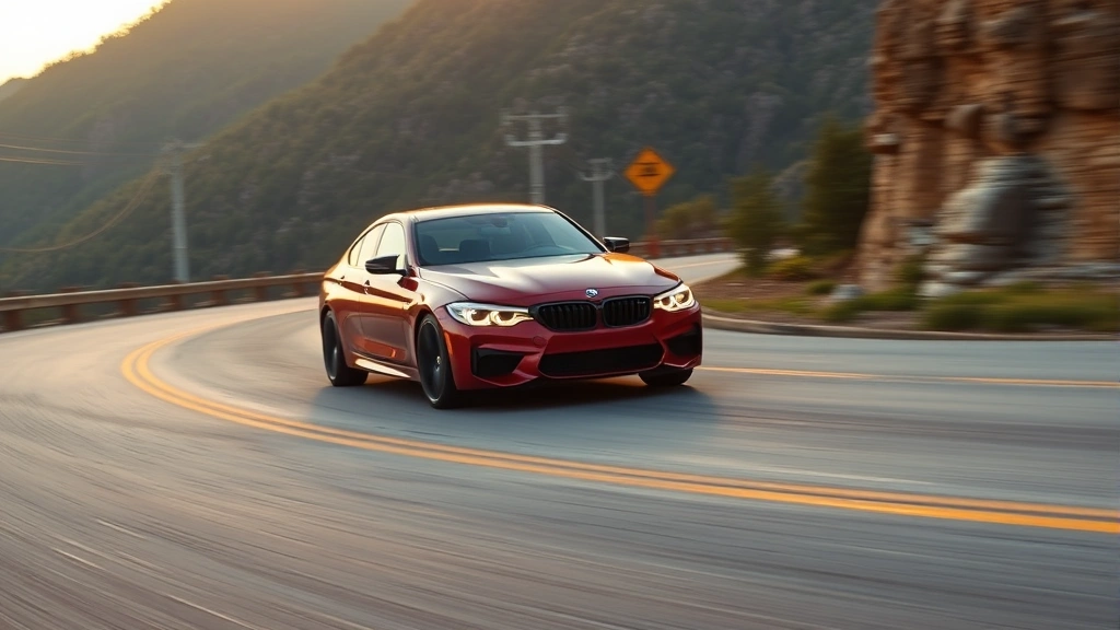 Dynamic action shot of midsize performance sedan cornering on smooth mountain road, golden hour lighting, showcasing athletic stance and precision handling capabilities without visible driver